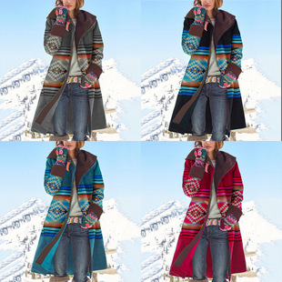 2025 Autumn and Winter New European and American Export Women's Clothing Amazon Mid-Length Printed Top Long-Sleeved Dragon and Phoenix Woolen Outwear