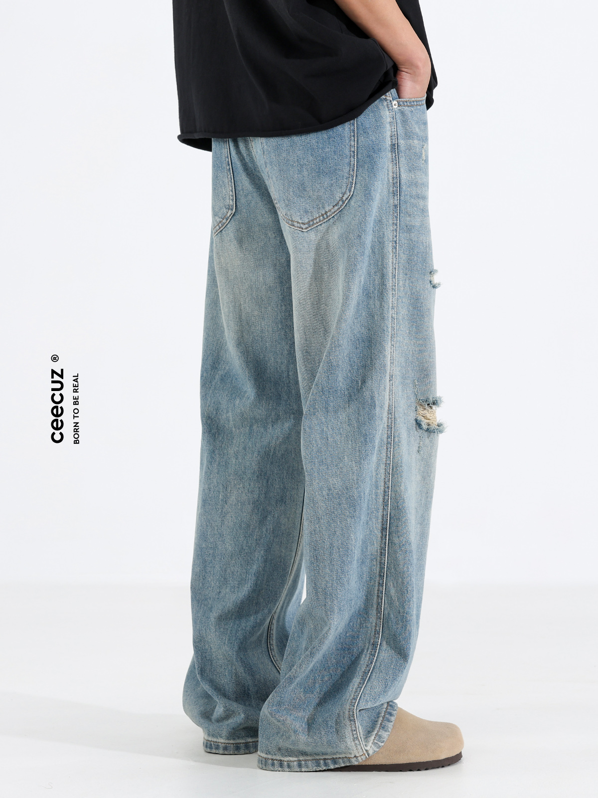 Ceecuz Summer Thin Ripped Jeans Men's American Retro Vintage Loose Wide-Leg Large Straight Pants