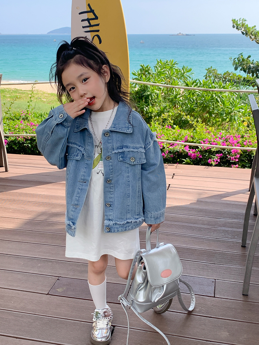 (2개) 2024 새로운 어린이 데님 코트 중국어 및 한국어 버전 데님 긴 소매 나비 소녀 봄 어린이 자켓 카디건