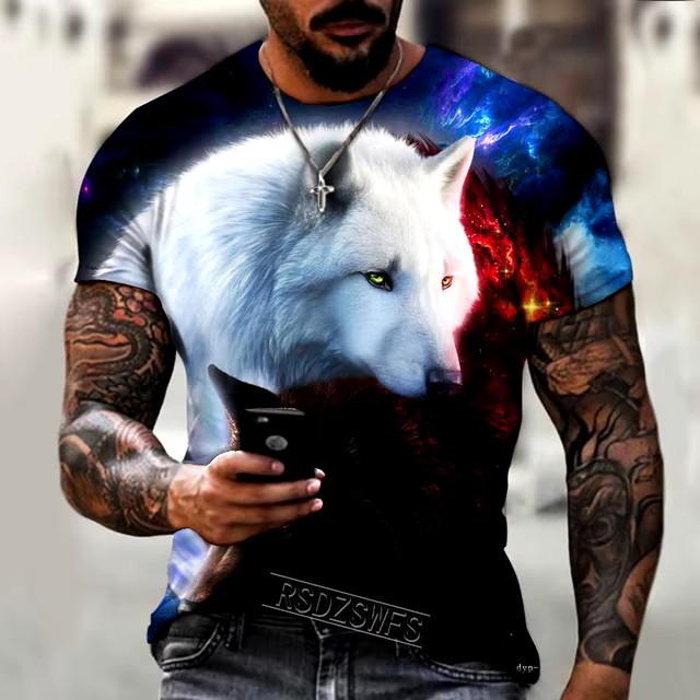 2024 moda casual suelto cuello redondo manga corta transpirable camiseta de hombre personalidad lobo malvado spot de impresión digital 3D
