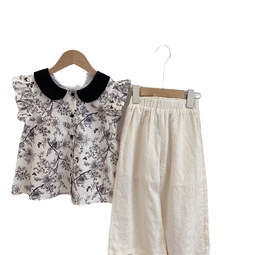 2024 spring and summer Korean style girls summer shirt short-sleeved doll collar floral contrast half-sleeved top children's shirt