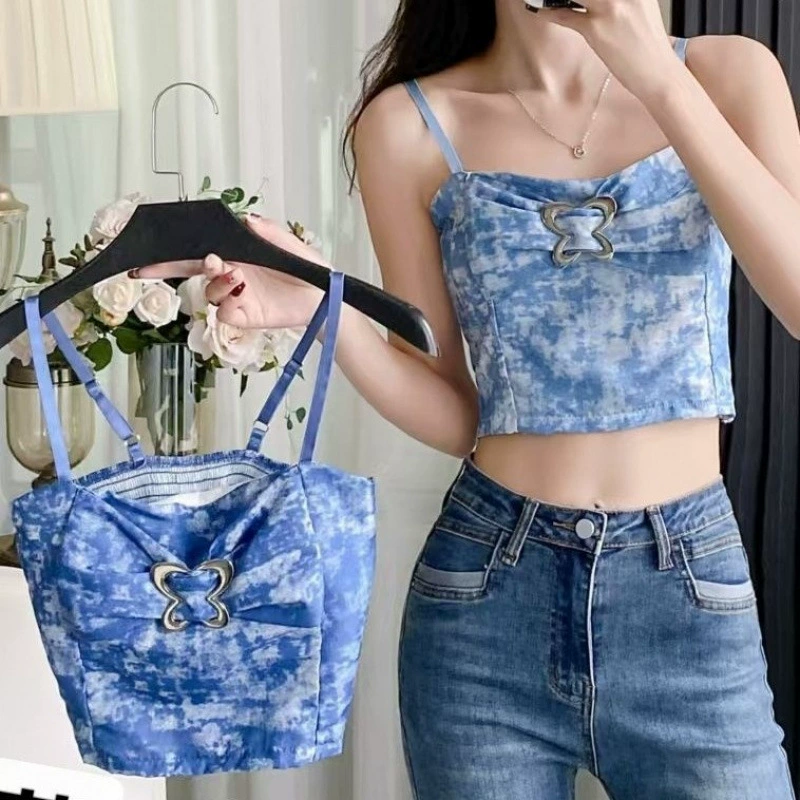 Синий топ с принтом тай-дай, женский летний топ из чистой страсти, сексуальная верхняя одежда для горячих девушек, короткий топ с бантом во французском стиле