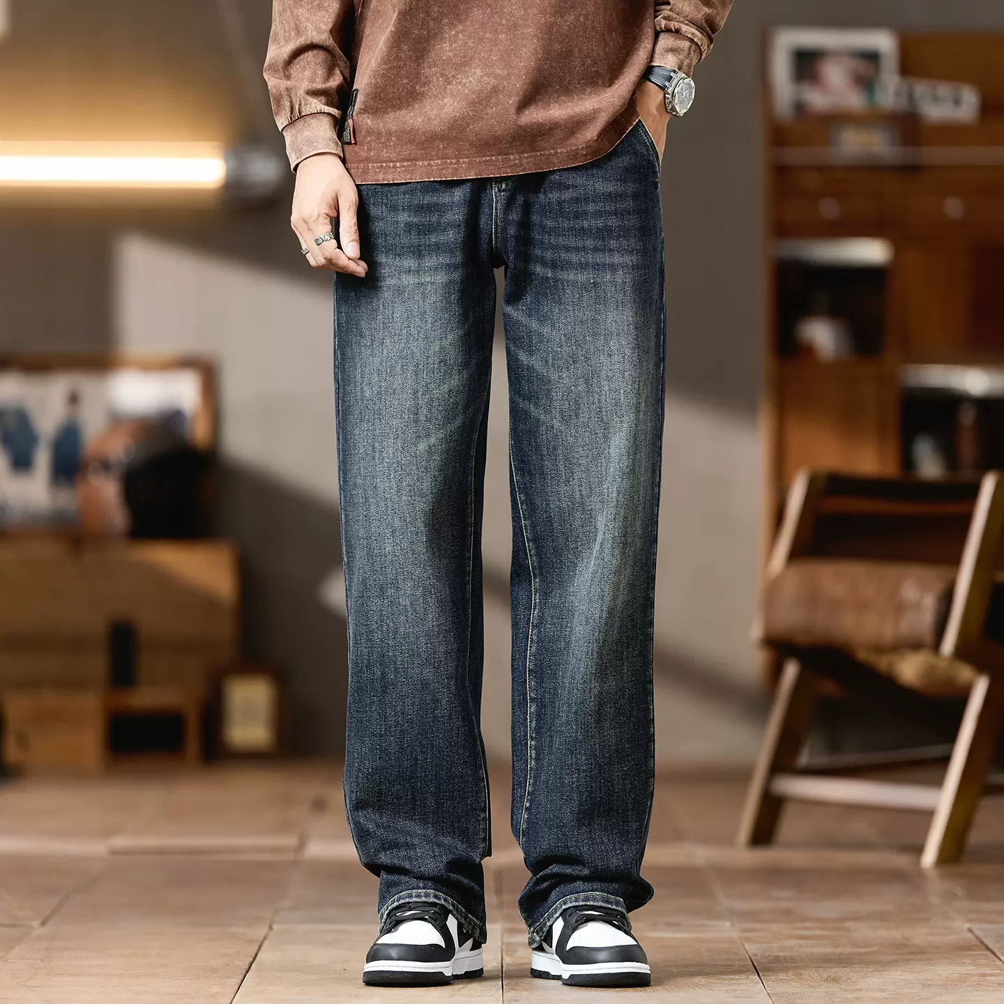 1091#大码男装秋冬美式高街复古牛仔裤男宽松百搭弹力直筒长裤