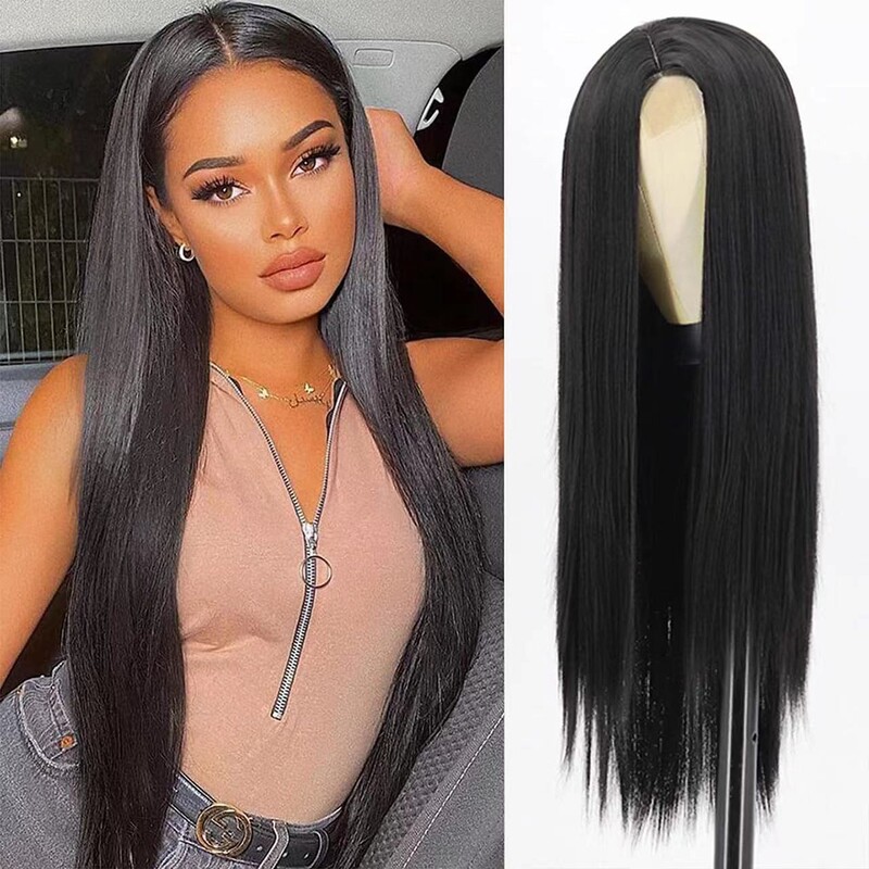 European and American Cross-Border Fashion Women's Long Straight Hair with Middle Parting, High-Temperature Silk, Natural Fluffy Synthetic Hair, Full Head Wig