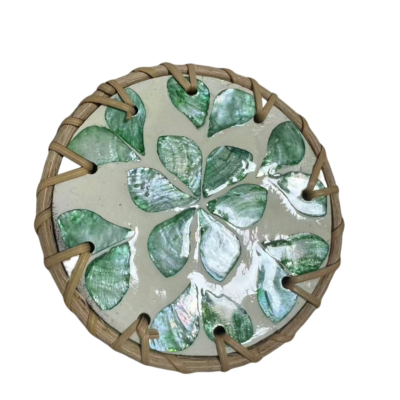 Almohadilla de aislamiento térmico de cerámica de ratán, posavasos de concha, posavasos de té, mesa de centro, almohadilla de concha anti-escaldado tejida a mano, concha de color