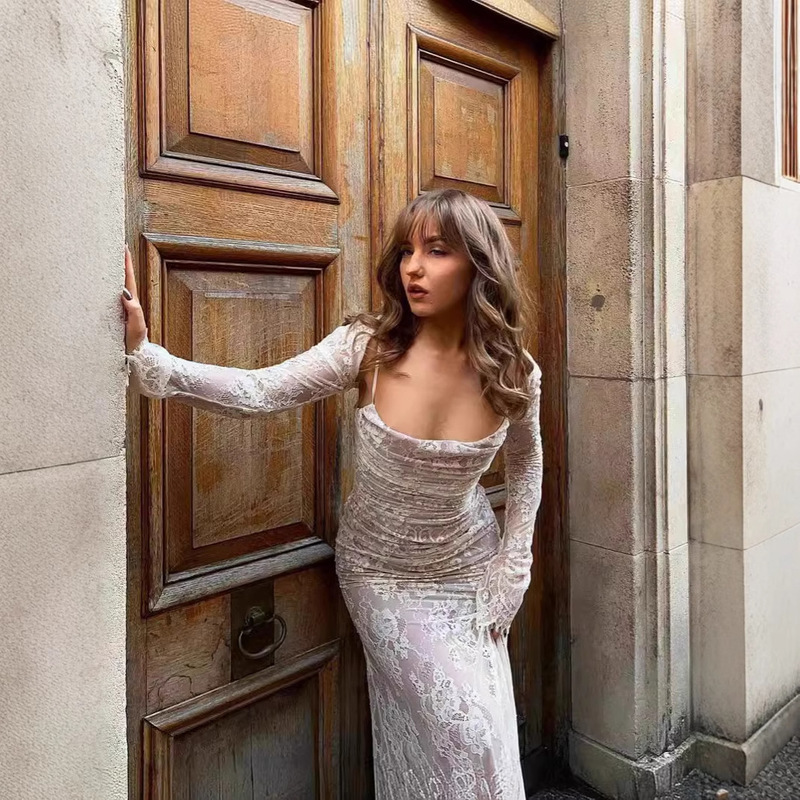 Foreign Trade Explosions Lace dress High-end Retro Cream White Dress European and American Mesh Slim-fit Sexy Women's Dress