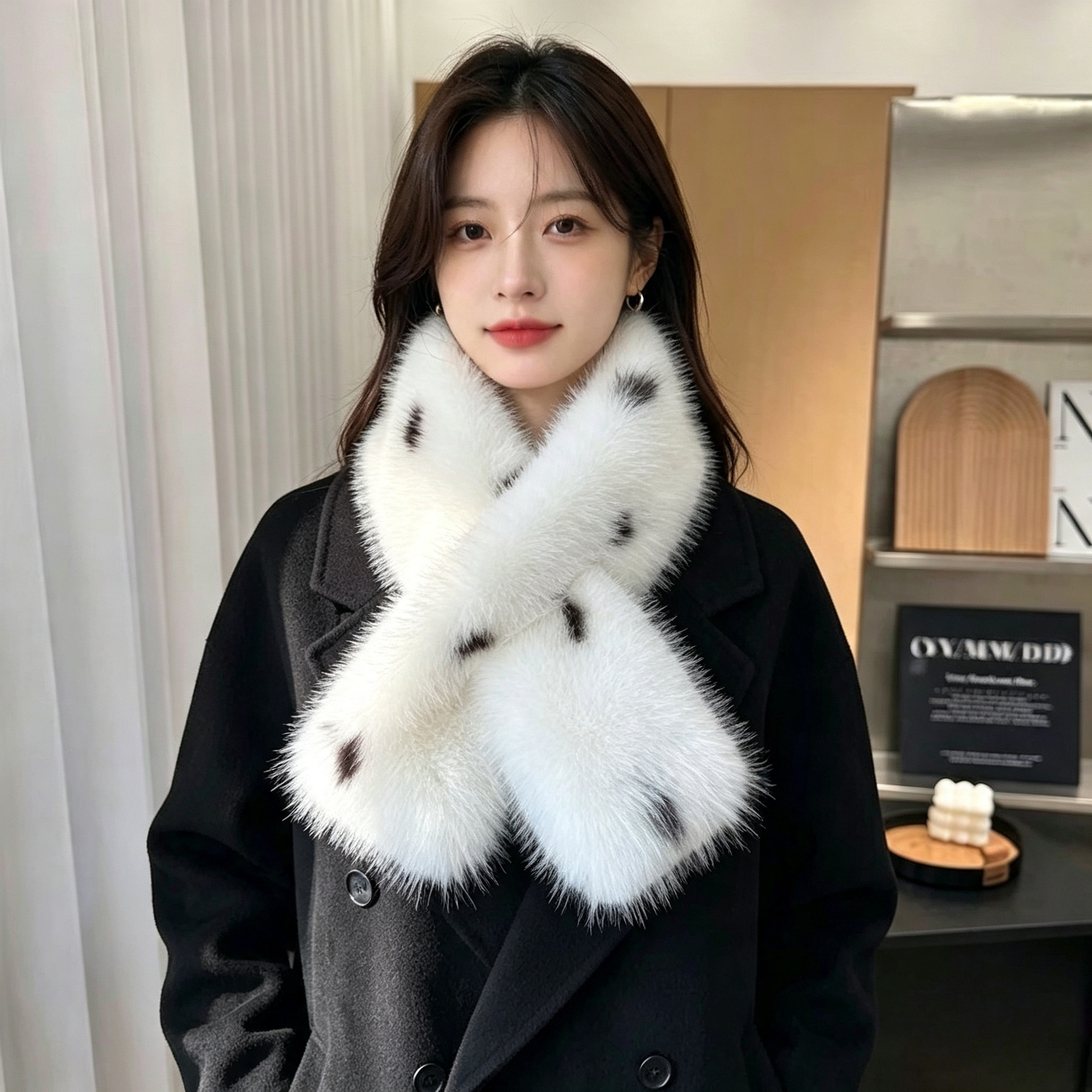 New leopard print scarf for women, Korean version, versatile fluffy neck warmer, thickened for cold protection, fashionable double-sided neck scarf