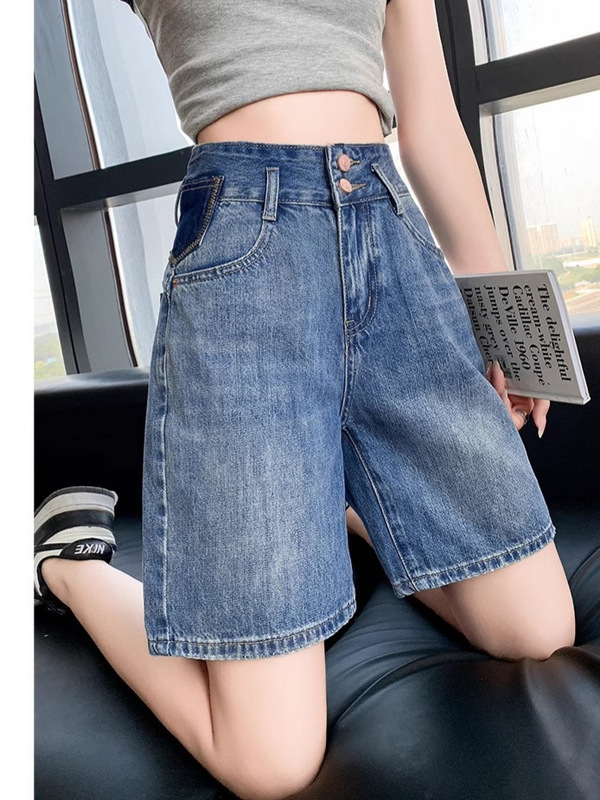 女性用5点デニムショートパンツ、薄手、2025年夏新作、コントラストカラーステッチ、人気のAラインハイウエスト4点ストレートミッドパンツ|undefined