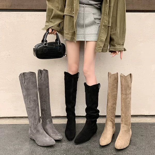 Vintage Suede Cowboy Boots, Knee-High Slimming Long Boots for Women, 2026 Autumn and Winter New Style, Riding Boots with Chunky Heels