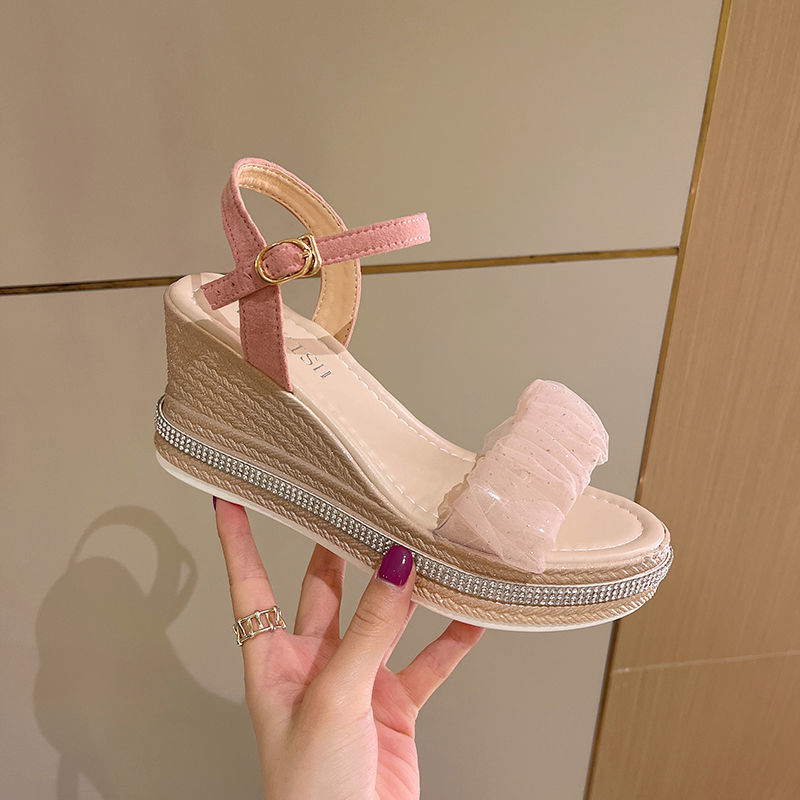 Wedge Sandals Women's Summer New Thick Sole Increased Rhinestone Women's Shoes with High Heel Platform Beach Shoes