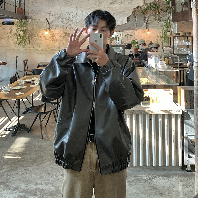 Abrigo de cuero de los hombres otoño americano retro moda marca pu guapo de alto grado sentido frito calle más tamaño suelta motocicleta pu chaqueta de cuero