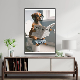 Temu Dropshipping Fun Dog Toilet Reading Newspaper Bathroom Toilet Canvas Decorative Painting Frameless