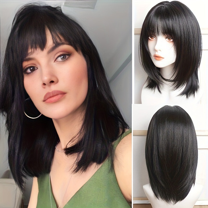 Wig clavicle hair layered black medium straight layered bob wig with bangs synthetic wig women factory wholesale
