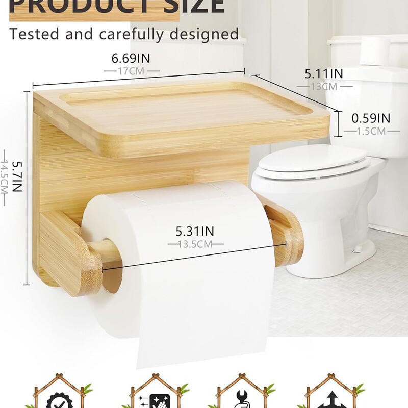 Wooden Toilet Paper Holder with Shelf, Adhesive Bathroom Toilet Paper Holder, Toilet Paper Holder