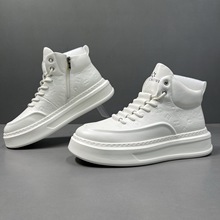 男士真皮高帮潮鞋秋款高端印花厚底休闲运动板鞋男潮流百搭小白鞋