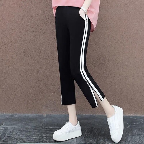Women's Spring and Summer High-Waist Slit Sport Trousers with Side Stripes, Bootcut Loose-Fit Elastic Shorts