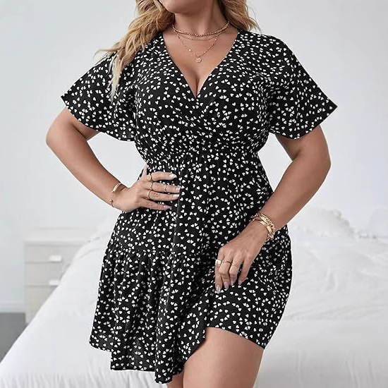 European and American Cross-Border 2025 Amazon Women's Plus Size V Neck Ruffled Short-Sleeved Printed Polka Dot Wrap Dress