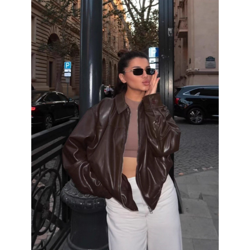 European and American Clothing Wholesale 2025 Spring New Casual Texture Bomber Jacket Loose Version Women's Leather Jacket