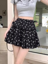 BM風 蝴蝶結印花蛋糕半身裙女夏季薄款高腰拼接蓬蓬裙A字百褶裙