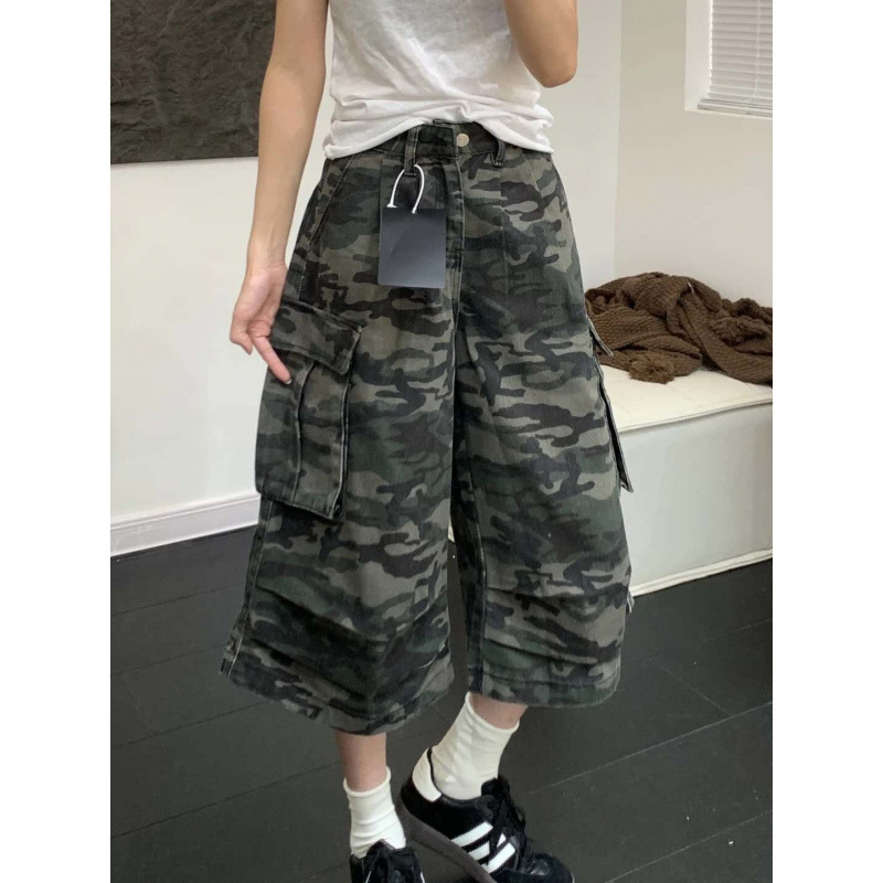 2025 American Hot Girl Camouflage Workwear Capri Pants Women's Summer High Waist Multi-Pocket Loose Straight-Leg Wide Leg Medium Pants Trendy