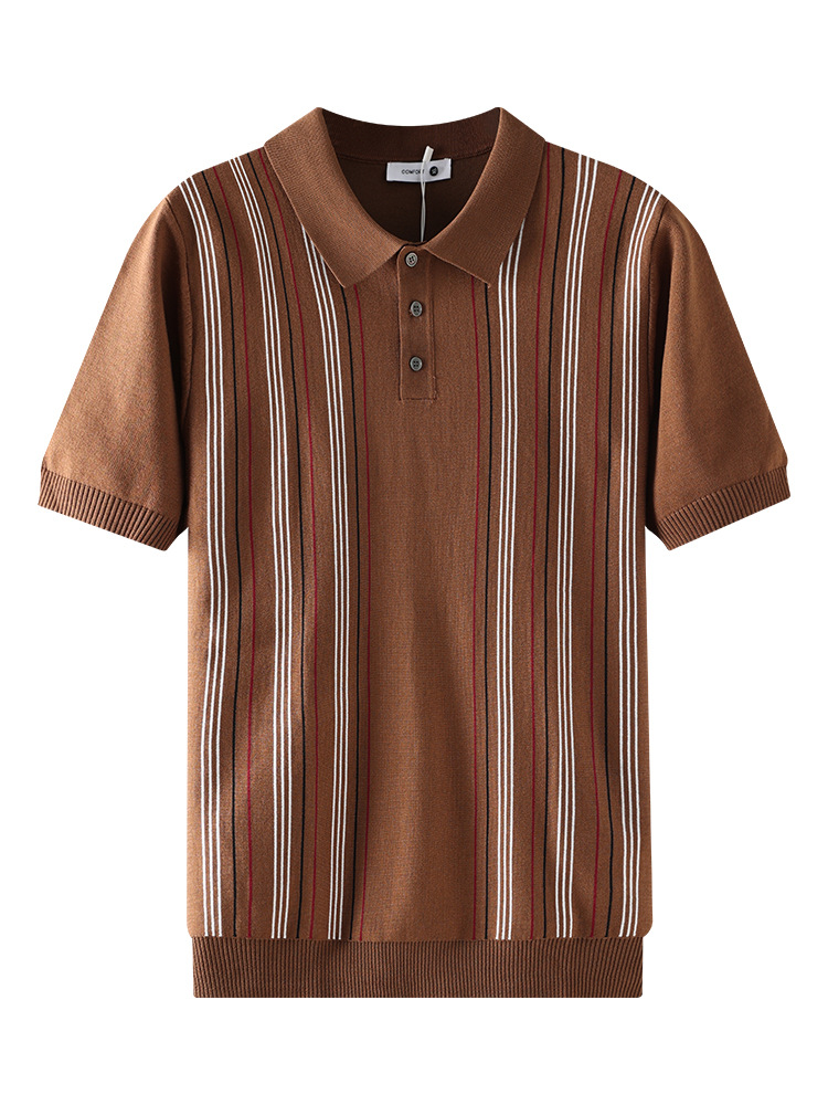 Europa y Estados Unidos trajes de hombre de hielo rayas con cuello polo camisa de hombre ligera de negocios casual de manga corta camisa de punto Paul hombre