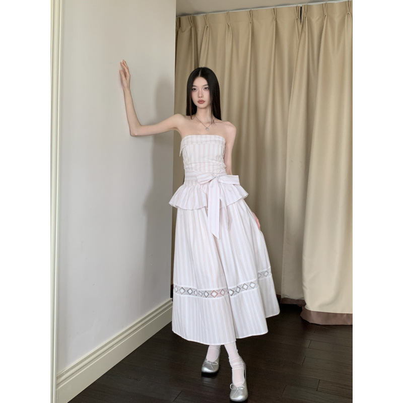 Real Shot of Ready-Made Tulle Cherry Summer Pink Striped Suspender Tube Top Strap Dress Long Skirt for Women Real Shot of Ready-Made Tulle Cherry Summer Pink Striped Suspender Tube Top Strap Dress Long Skirt for Women
