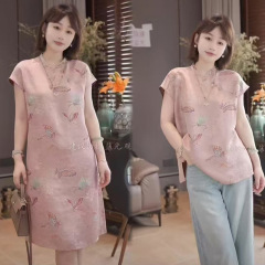 新しい中国風の女性の国民風ピンク花柄シャツ半袖 Tシャツトップス半開襟ボトムシャツチャイナドレス女性