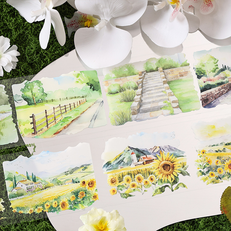 Ritmo lento transparente impermeable pet cinta adhesiva caja diy diario diario pegatinas paisaje pastoral transfronterizo pegatinas paisajísticas