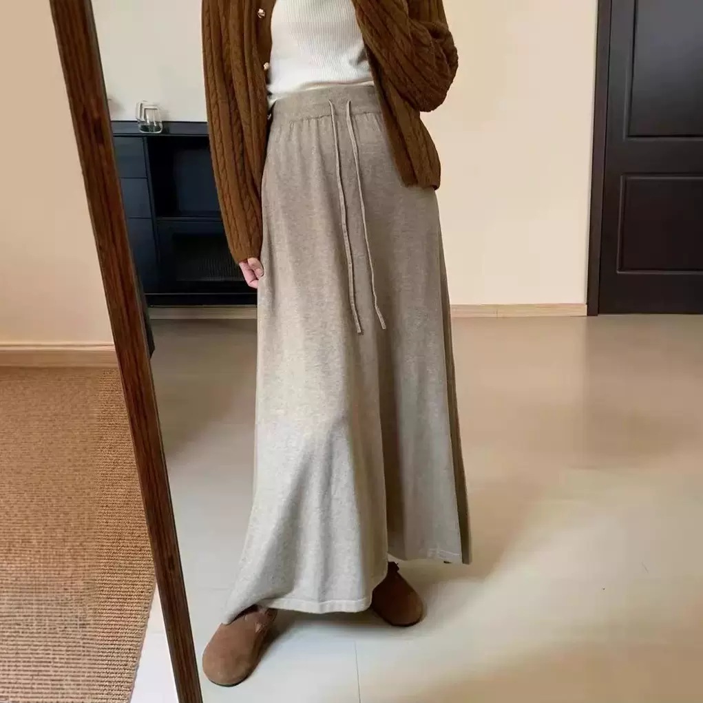 纯色半身裙女秋冬季2024新款高腰垂感A字直筒长裙中长款针织裙子