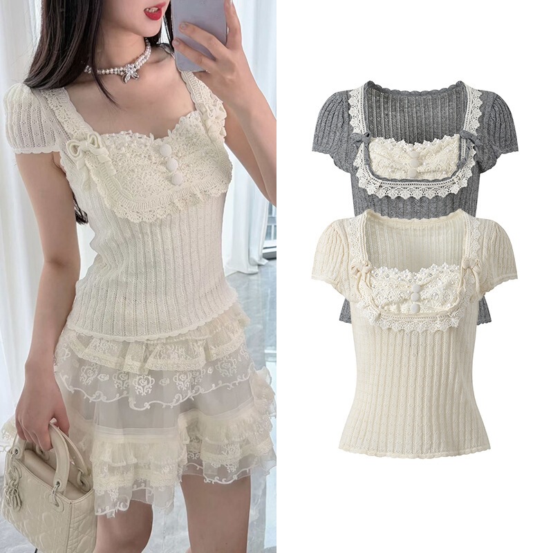 2026 Summer New Fashion Hand-Crocheted Bow Lace Hollow-Out Patchwork Short Knit Short-Sleeve Top