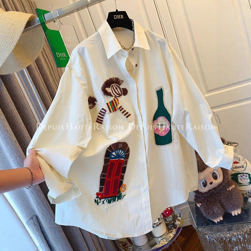 Dhr Unique Super Nice Design Embroidered Long-Sleeved Shirt Loose Large Top Women's 2025 Autum New Style