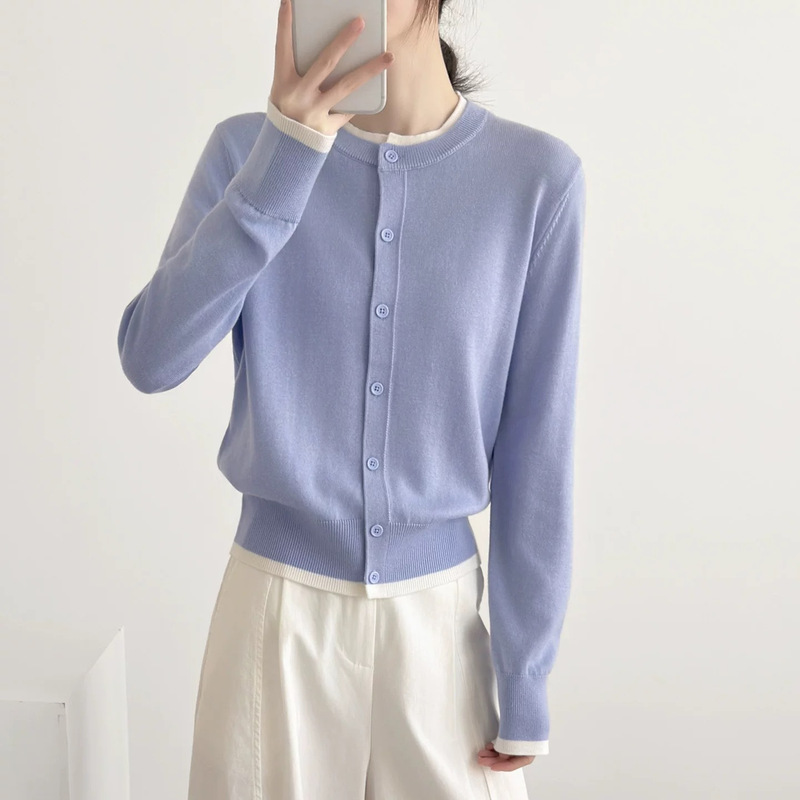 Bright Spring Day New Style Age-Reducing Color-Blocking Round-Neck Knitted Cardigan for Women 26, Skin-Friendly Wool Faux Two-Piece Top Jacket