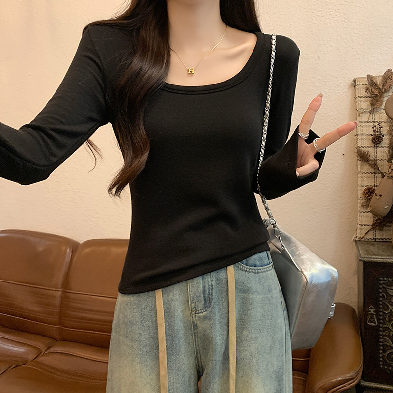 长袖t恤女2025新款早春秋低领内搭螺纹棉修身正肩方领打底衫上衣|undefined