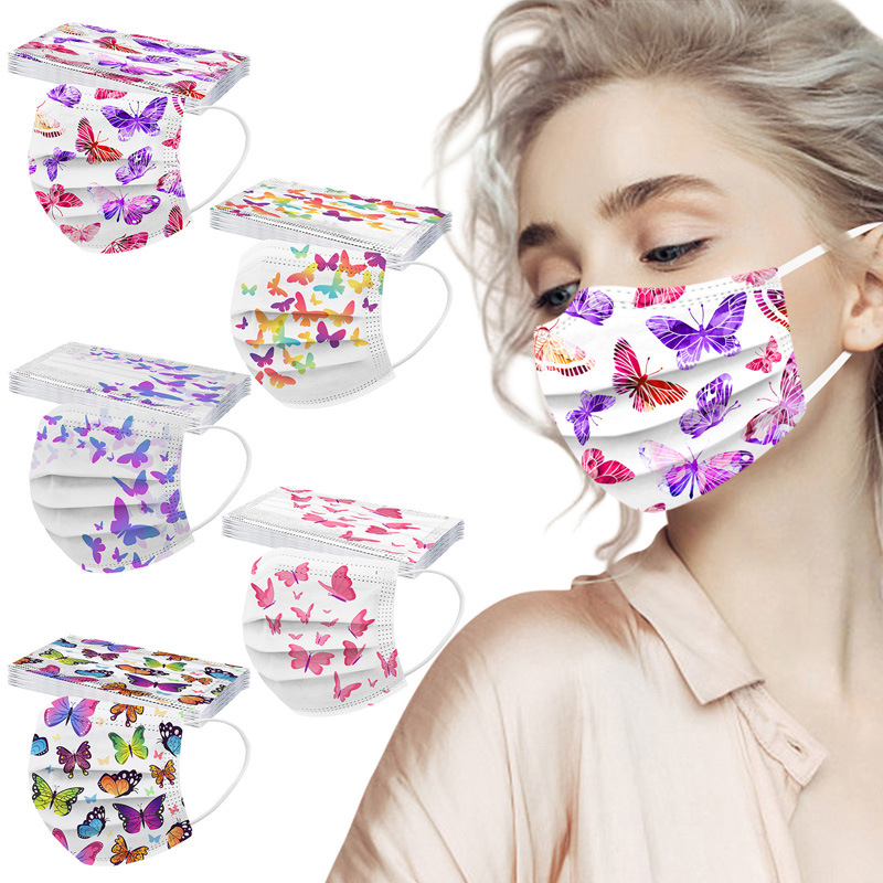 定位蝴蝶印花口罩一次性三层水刺布D160斜版印花口罩防尘含熔喷布