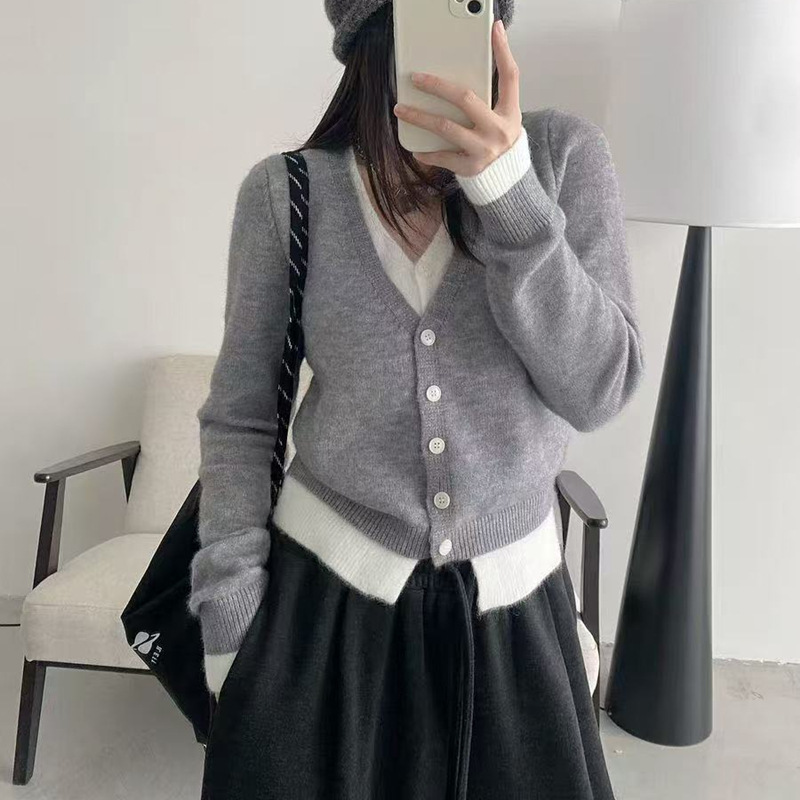 V领撞色假两件针织衫外套女2025秋冬新款韩系慵懒风针织衫上衣女|undefined