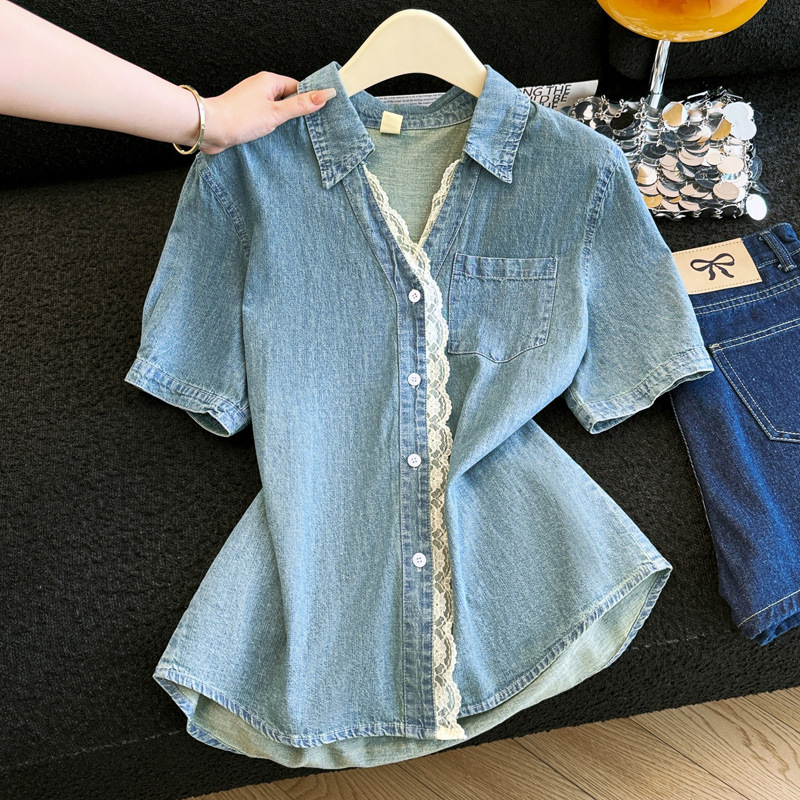 Real Shot of a Designer Lace Patchwork Denim Shirt, New Summer 2026 Casual Loose Outerwear Top Real Shot of a Designer Lace Patchwork Denim Shirt, New Summer 2026 Casual Loose Outerwear Top