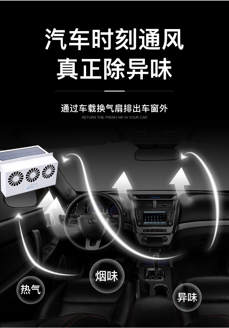 Summer Solar-Powered Three-Head Car Exhaust Fan, Car Cooling Solar Ventilation Exhaust Fan, Odor Removal Electric Fan