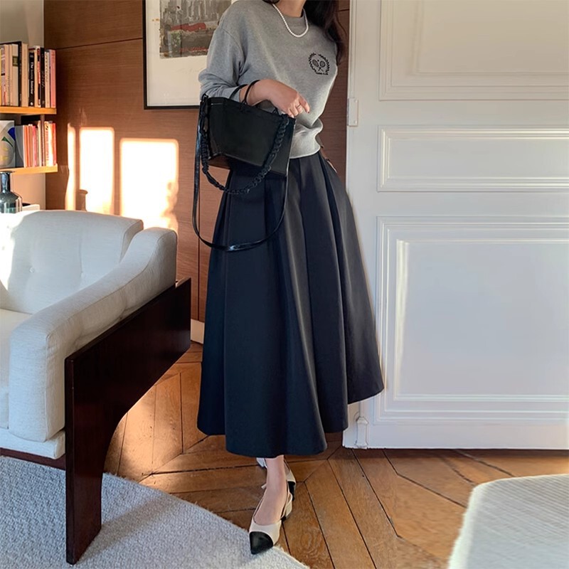 Flared Midi Skirt for Women, Spring and Autumn 2026 New Style, High-Waisted Pleated Umbrella Skirt, Petite Mid-Length A-Line Suit Skirt