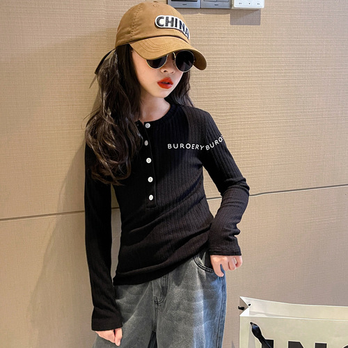 Girls' T-shirt Spring and Autumn 2024 New Stylish Children's Autumn Outfit Base Shirt White Middle and Large Girls' Long Sleeve Top