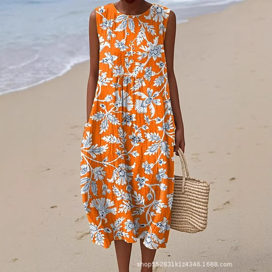 2025 European and American Spring and Summer New Sleeveless Casual Printed Elegant Long Skirt Dress Slim Small Fresh Casual Skirt