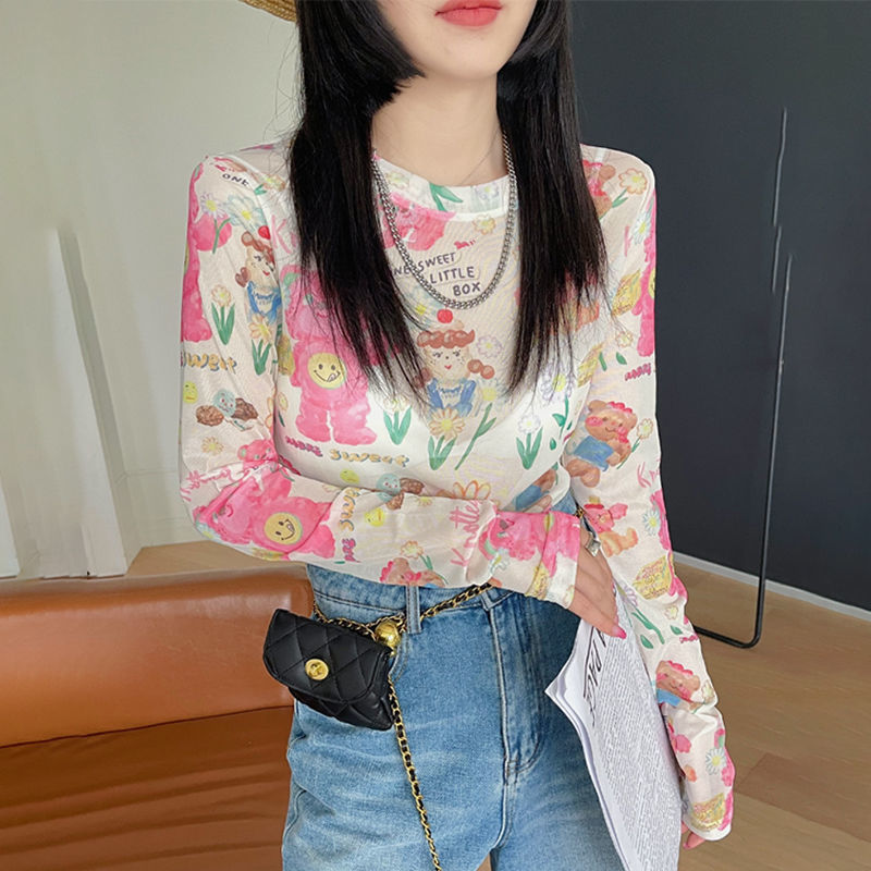 Sun Protection Clothing for Women, Summer Thin Long-Sleeved T-Shirt, Women's Printed Mesh Bottoming Shirt, Gauze Inner Layer, Ice Silk Top Blouse