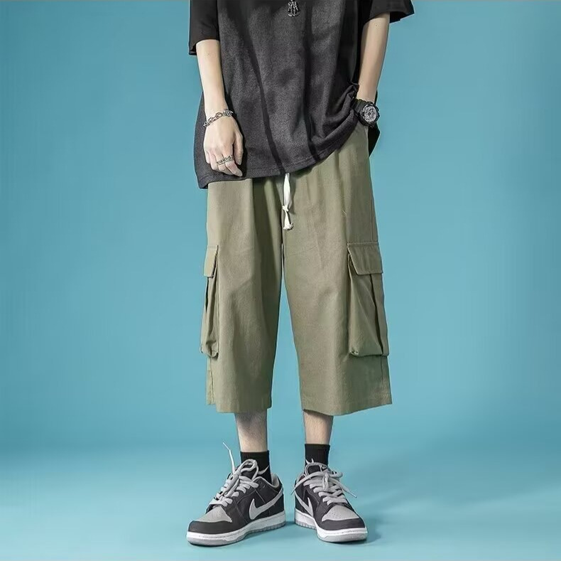 Summer Thin Workwear Capri Pants Men's Spring and Autumn Pants Hong Kong Style Japanese Style Loose Straight Casual Wide Leg Pants
