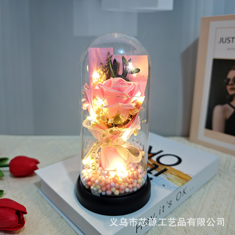 母の日 バレンタインデー ギフト バラ カーネーション チューリップ ソープ ガラス カバー ランプ 完成した花束 不滅の花|undefined