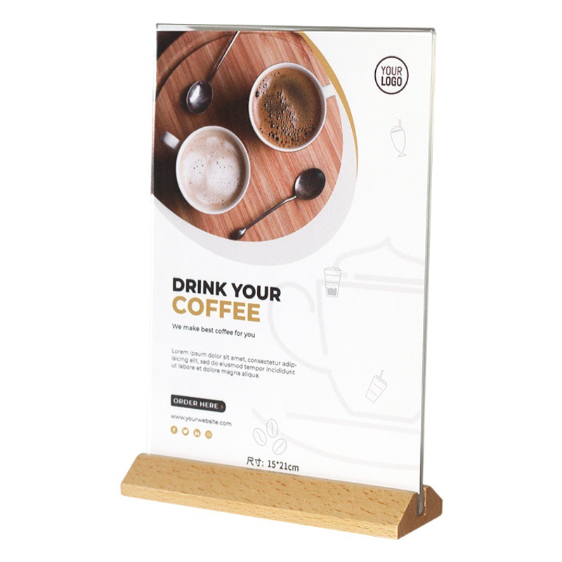 Acrylic table card transparent display card a4 solid wood base vertical table card advertising price dining card beech table sign