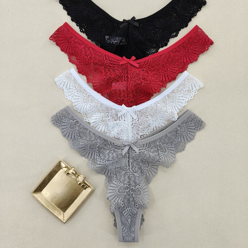 European and American Lace Hollow-Out Semi-Transparent Women's Thong, a Must-Have for Hot Girls, Sexy High-Waisted Panties, Briefs, Bikini