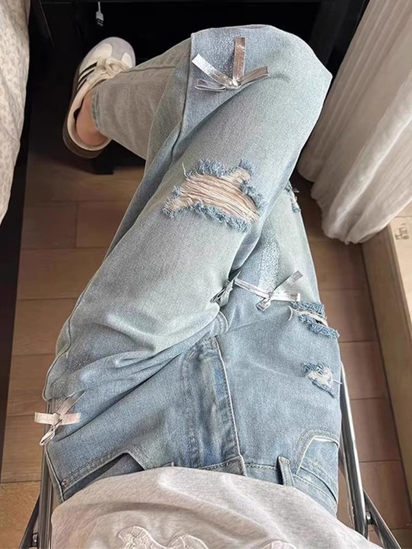 大码破洞牛仔裤女秋季2025新款胖mm宽松显瘦高腰直筒阔腿拖地裤子|undefined