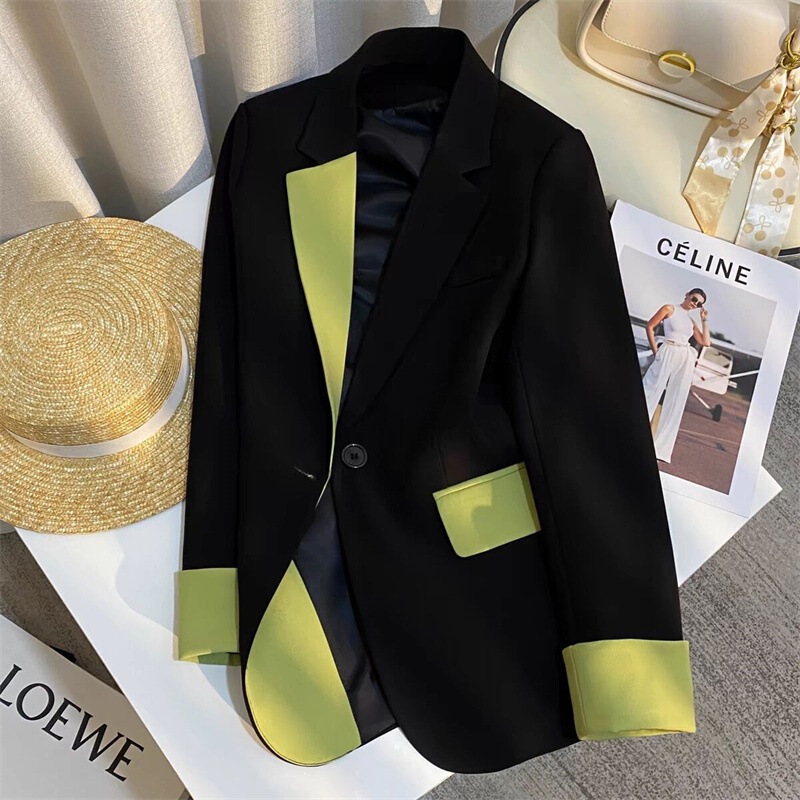 Black Korean-Style Patchwork Design Blazer for Women, 2026 Spring and Autumn New High-End Stylish Early Spring Elegant Suit