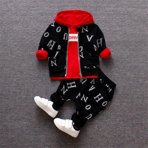 New Spring and Autumn Style Children's Zip-Up Shirt Set of Three for Little Kids, Baby Full Print Letter Hooded Long-Sleeve Sweatshirt Outfit