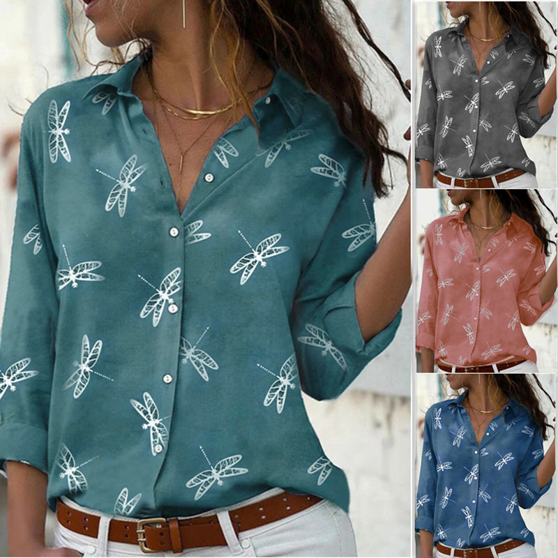 Same day delivery 2023 dragonfly print long sleeve lapel slim fashion shirt women