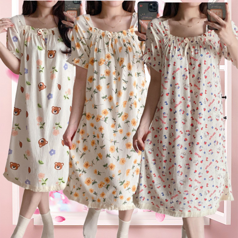 Verano dulce vestido de pijama de dibujos animados vestido de mujer lindo ocio suelto algodón vestido de pijama comercio exterior al por mayor